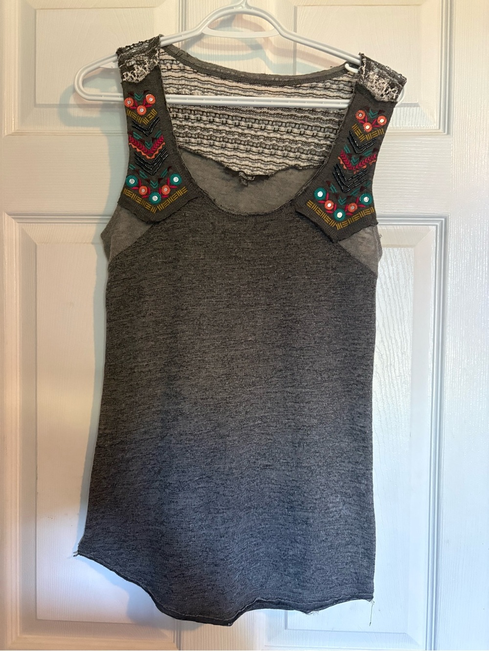 Miss Me Grey Tank with Colorful Embellished Shoulders